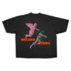 Angel Tee - flat shot, black t-shirt with fallen angel graphic in washed vintage pink