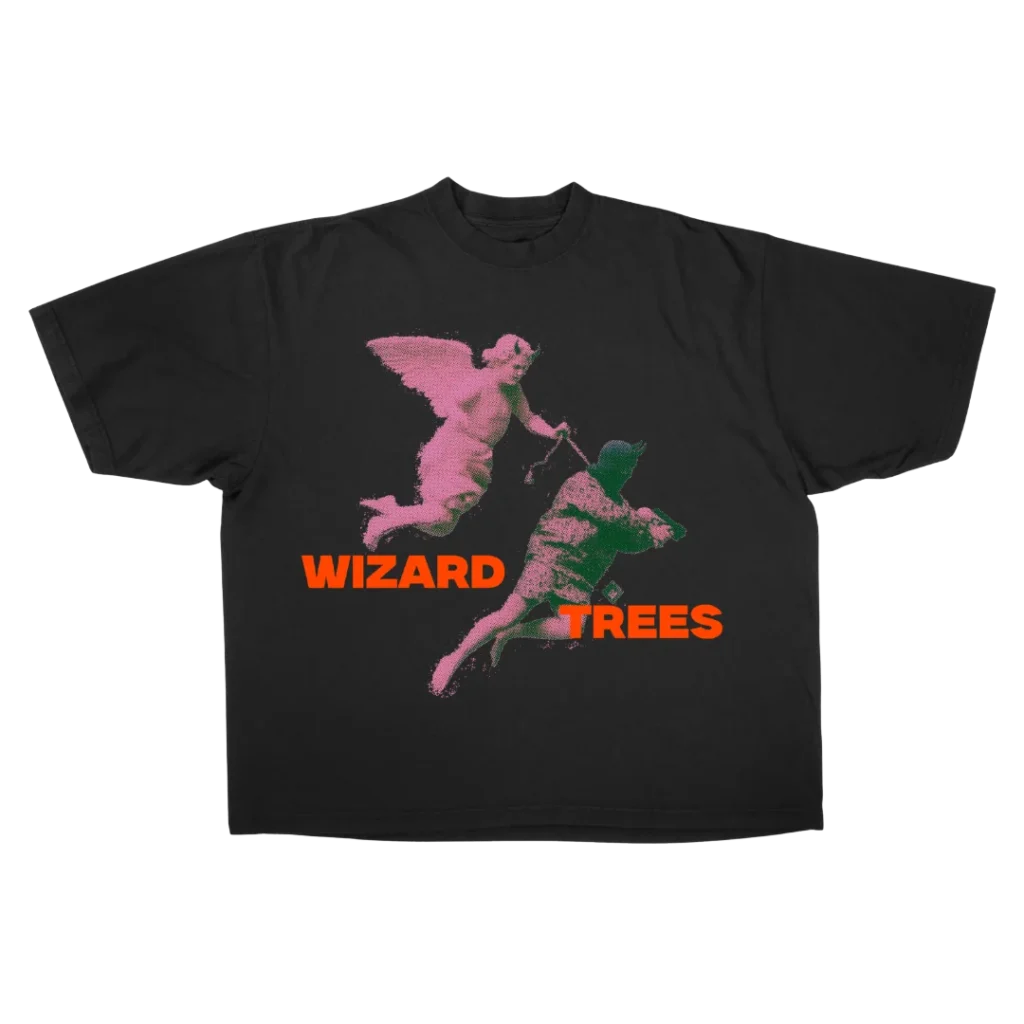 Angel Tee - flat shot, black t-shirt with fallen angel graphic in washed vintage pink