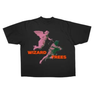 Angel Tee - flat shot, black t-shirt with fallen angel graphic in washed vintage pink