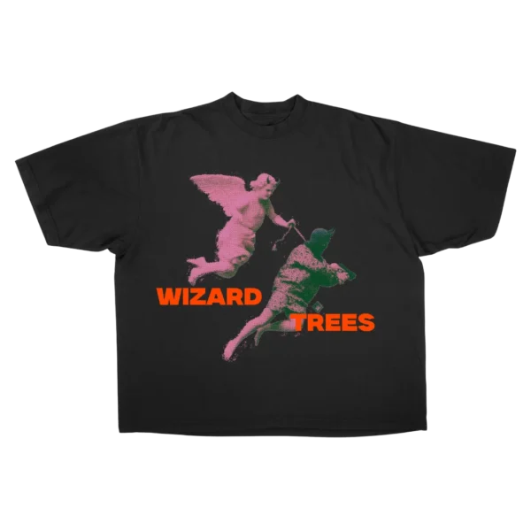 Angel Tee - flat shot, black t-shirt with fallen angel graphic in washed vintage pink
