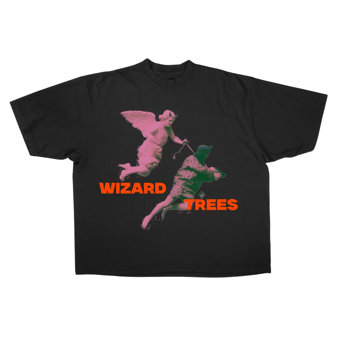 Angel Tee - flat shot, black t-shirt with fallen angel graphic in washed vintage pink