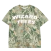 Camo Tee - flat shot, vintage wood camo t-shirt with Wizard Trees wordmark