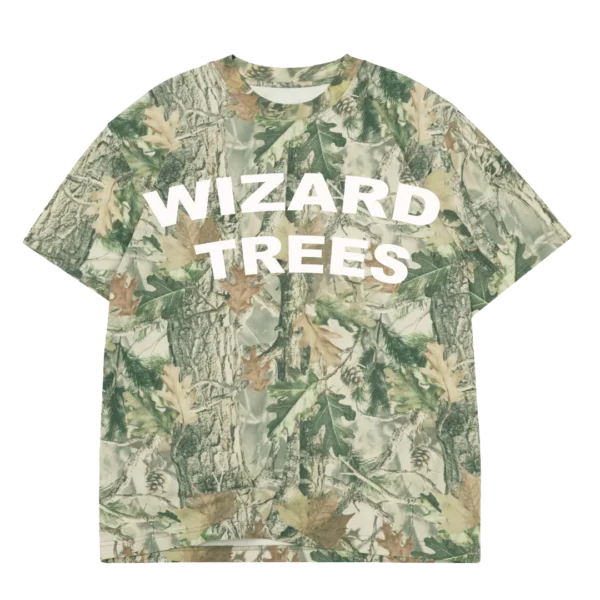 Camo Tee - flat shot, vintage wood camo t-shirt with Wizard Trees wordmark