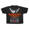 Dove Tee - flat shot, black t-shirt with dove and haunted chapel graphic