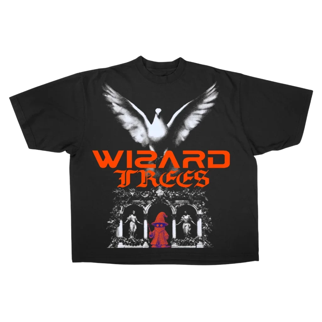 Dove Tee - flat shot, black t-shirt with dove and haunted chapel graphic