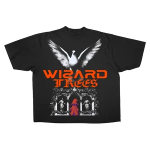 Dove Tee - flat shot, black t-shirt with dove and haunted chapel graphic