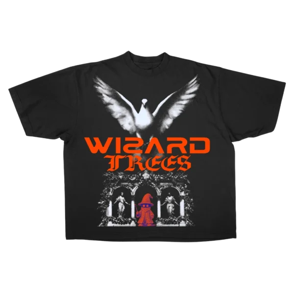 Dove Tee - flat shot, black t-shirt with dove and haunted chapel graphic