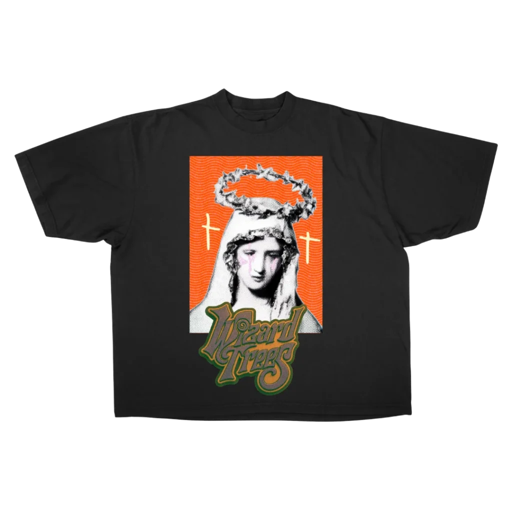 Mary Tee - flat shot, black t-shirt with crowned Madonna graphic and Wizard Trees logo