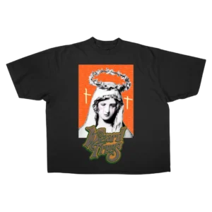 Mary Tee - flat shot, black t-shirt with crowned Madonna graphic and Wizard Trees logo