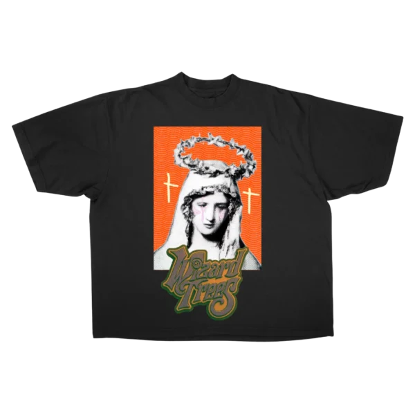 Mary Tee - flat shot, black t-shirt with crowned Madonna graphic and Wizard Trees logo