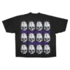 Skulls Tee - flat shot, black t-shirt with grid of skull graphics and Wizard Trees wordmark
