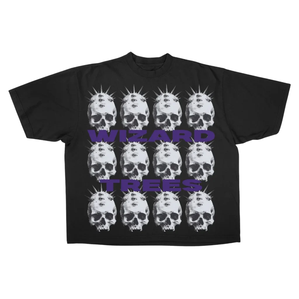 Skulls Tee - flat shot, black t-shirt with grid of skull graphics and Wizard Trees wordmark