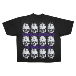 Skulls Tee - flat shot, black t-shirt with grid of skull graphics and Wizard Trees wordmark