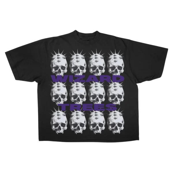 Skulls Tee - flat shot, black t-shirt with grid of skull graphics and Wizard Trees wordmark
