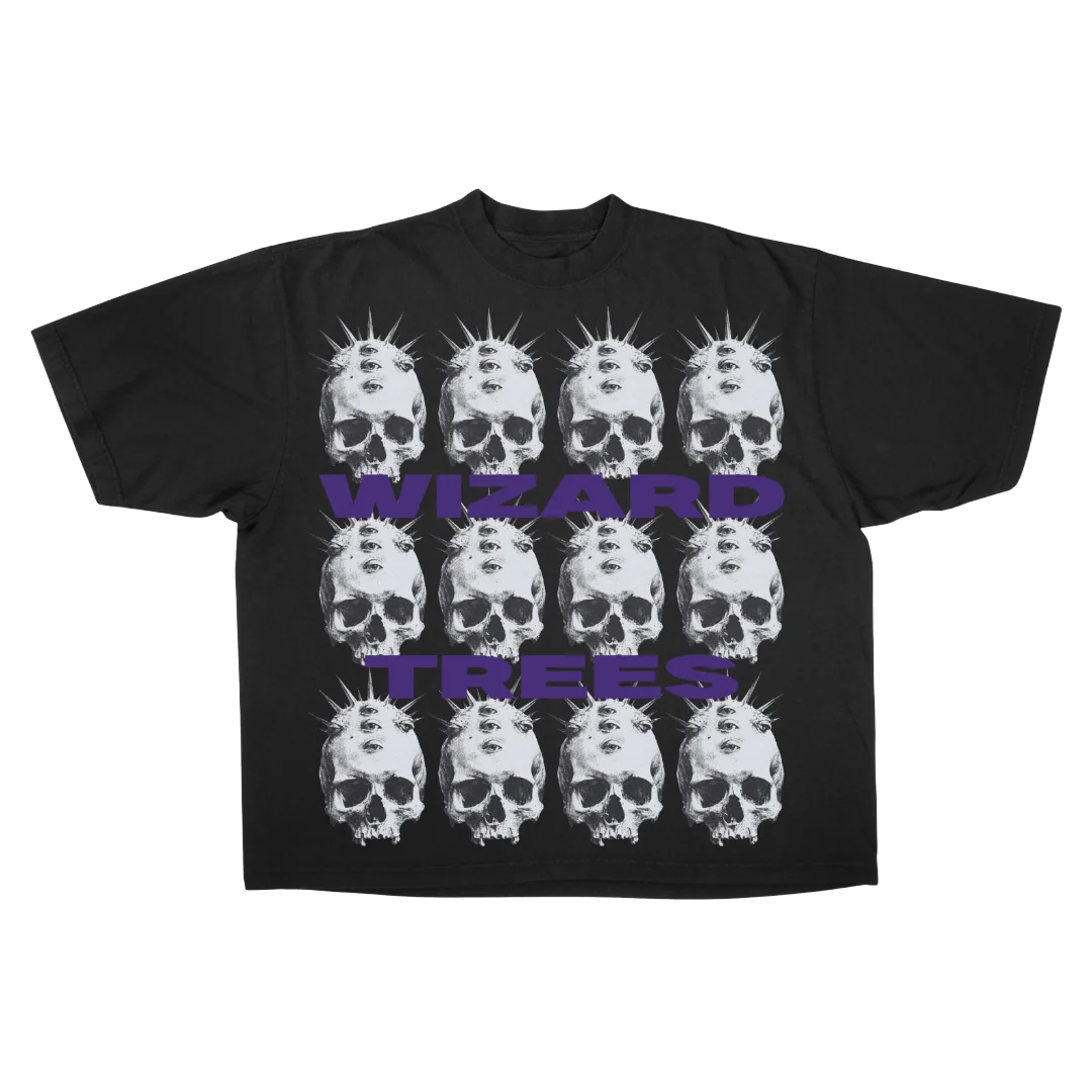 Skulls Tee - flat shot, black t-shirt with grid of skull graphics and Wizard Trees wordmark